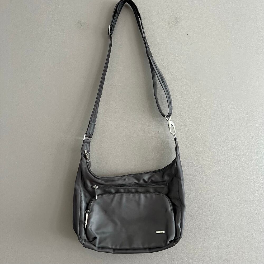 Travelon Gray Nylon Crossbody Shoulder Bag Multiple Zip Pockets Travel Purse